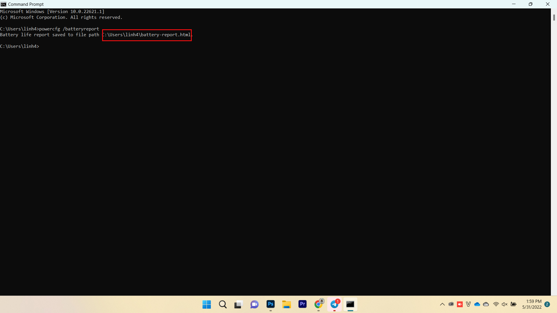 hãy copy đường dẫn C:\Users\...\battery-report.html trong giao diện Command Prompt