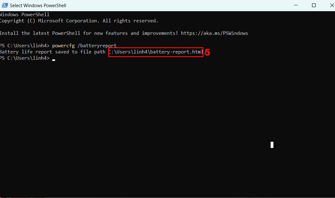 Sau khi quá trình chạy lệnh hoàn tất, copy đường dẫn C:\Users\...\battery-report.html trong cửa sổ Windows PowerShell