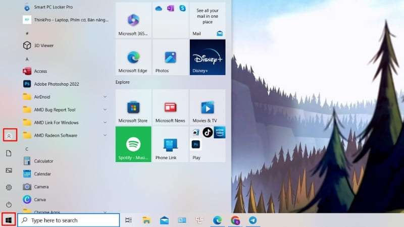 Click vào biểu tượng Windows ở góc trái màn hình để mở Menu Start