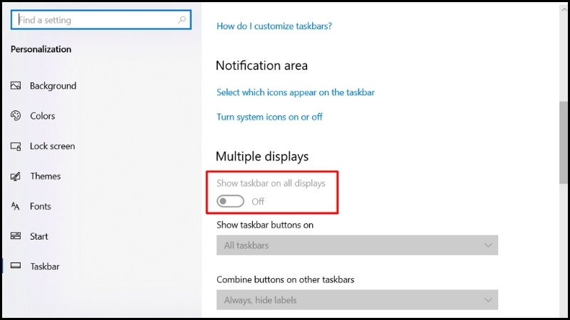 Tắt lựa chọn Show taskbar on all displays