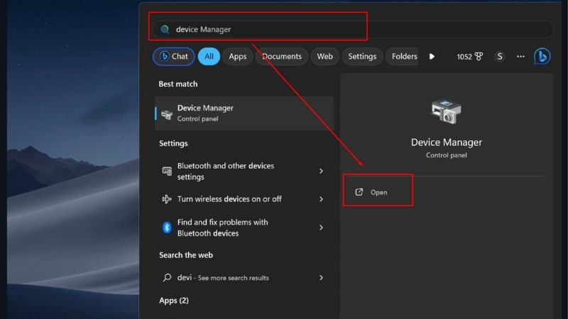 Mở laptop và tìm kiếm từ khóa Device Manager