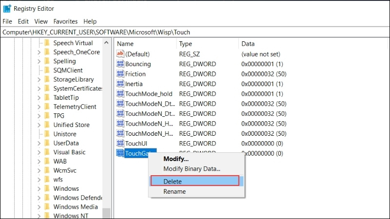 Click chuột phải vào tệp TouchGate > Chọn Delete