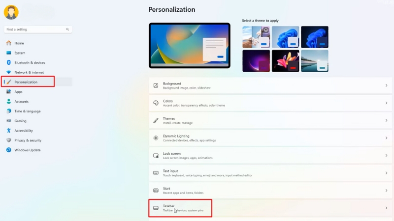 Chọn Personalization > Taskbar