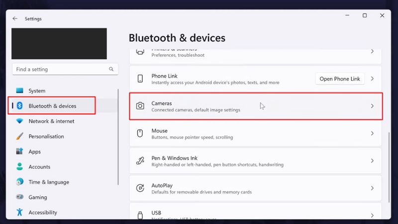 Bluetooth and devices ở các danh mục bên trái > Cameras